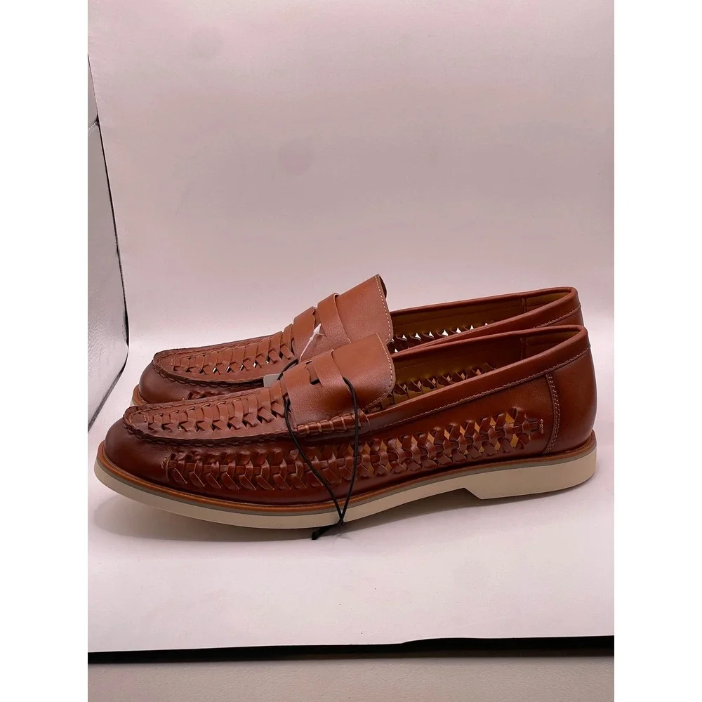 Stafford Barolo Mens Cognac Woven Leather Penny Loafers Memory Foam 11 M